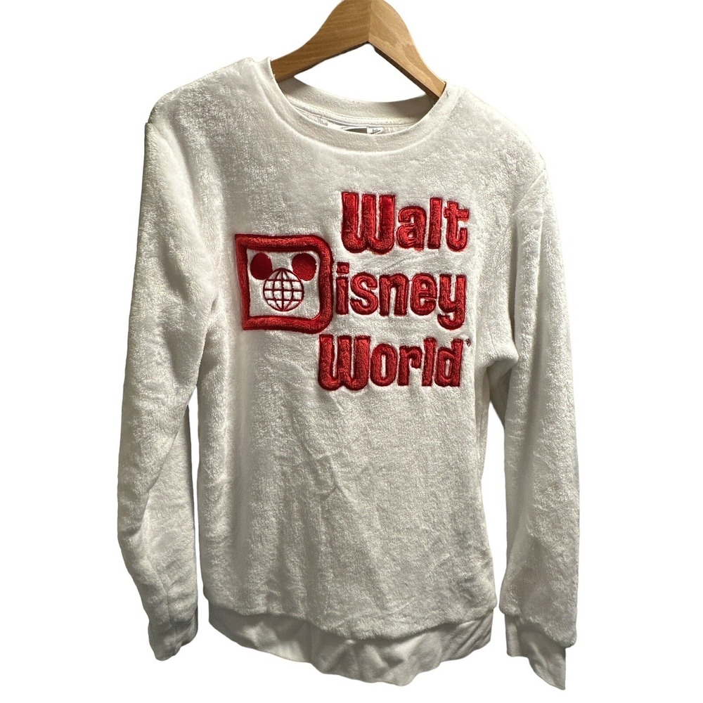DISNEY Walt Disney World White Fuzzy Fleece Sweatshirt With Red Logo Size M